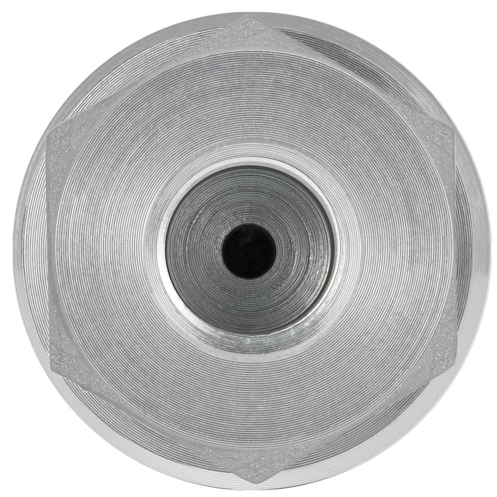 Steel quick coupler hex end view with circular port opening and textured outer ring