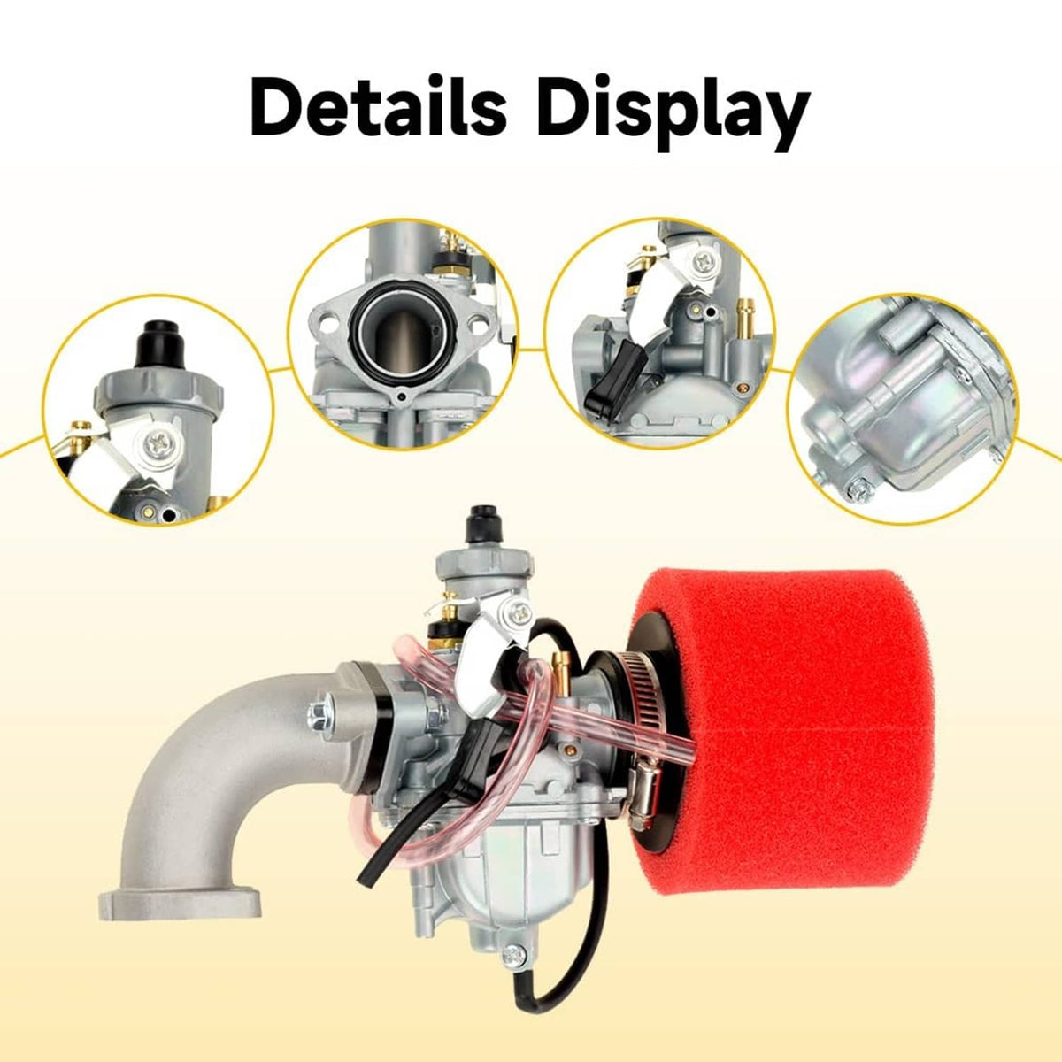 VM22 26mm carburetor with red foam air filter, metal intake, and throttle linkage