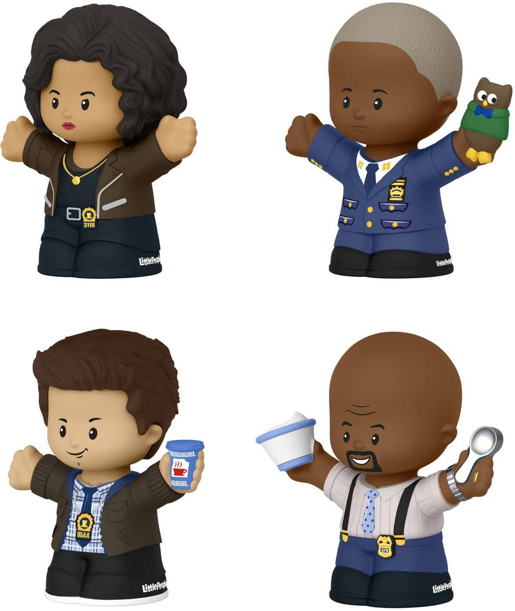 Four Brooklyn Nine-Nine Little People characters standing in blue and brown outfits