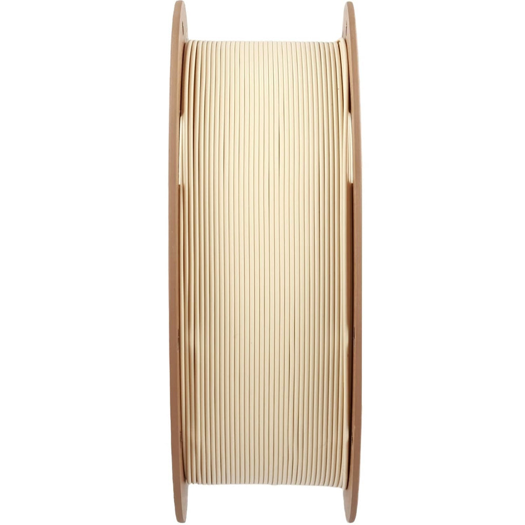 Cream PLA filament spool, tightly wound ribbed filament on two side flanges