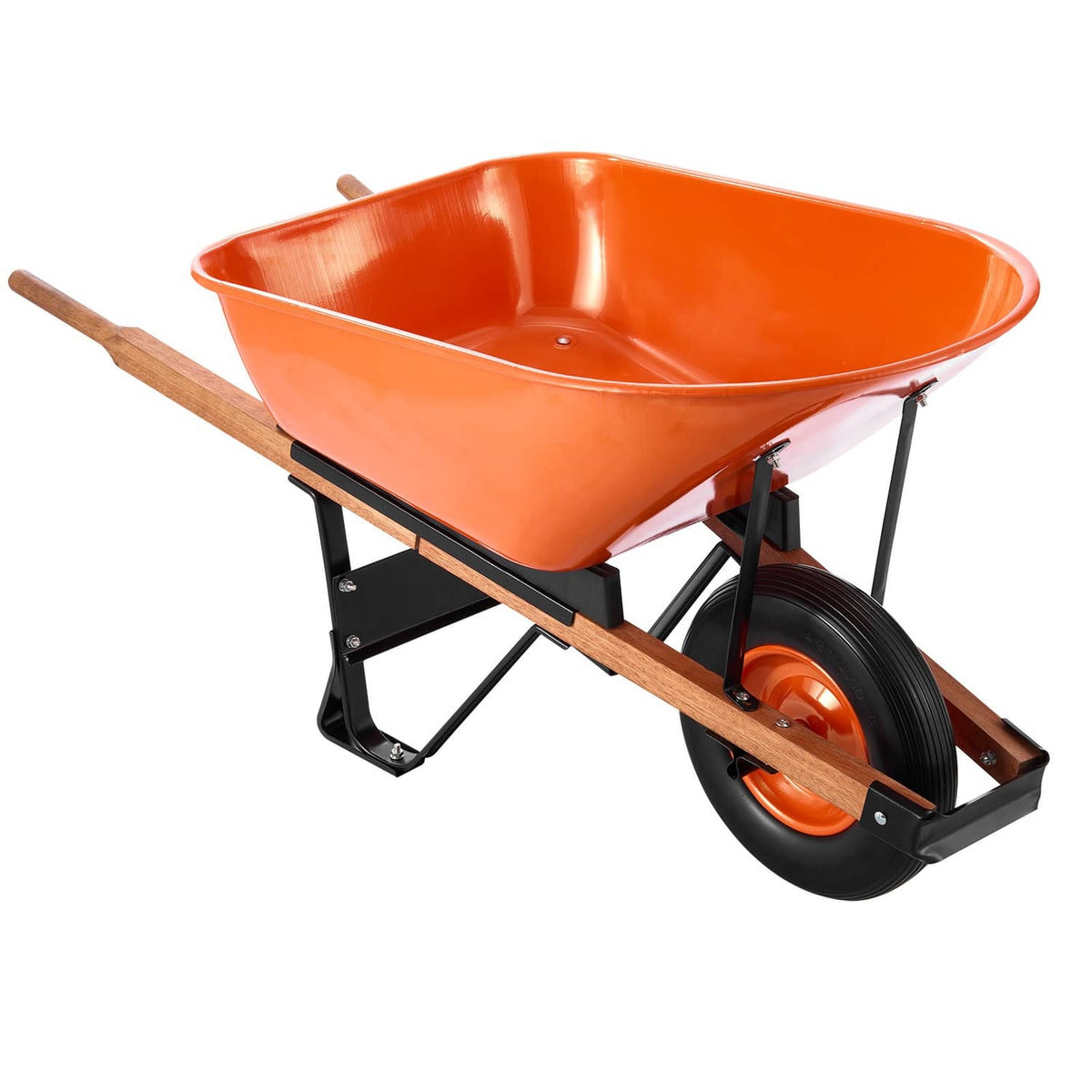 Orange wheelbarrow cart with one large wheel, black steel legs, and wooden handle