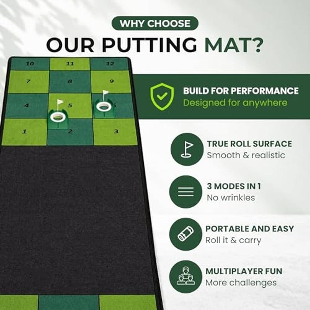 Green and black indoor putting mat with smooth surface and four white target cup holes