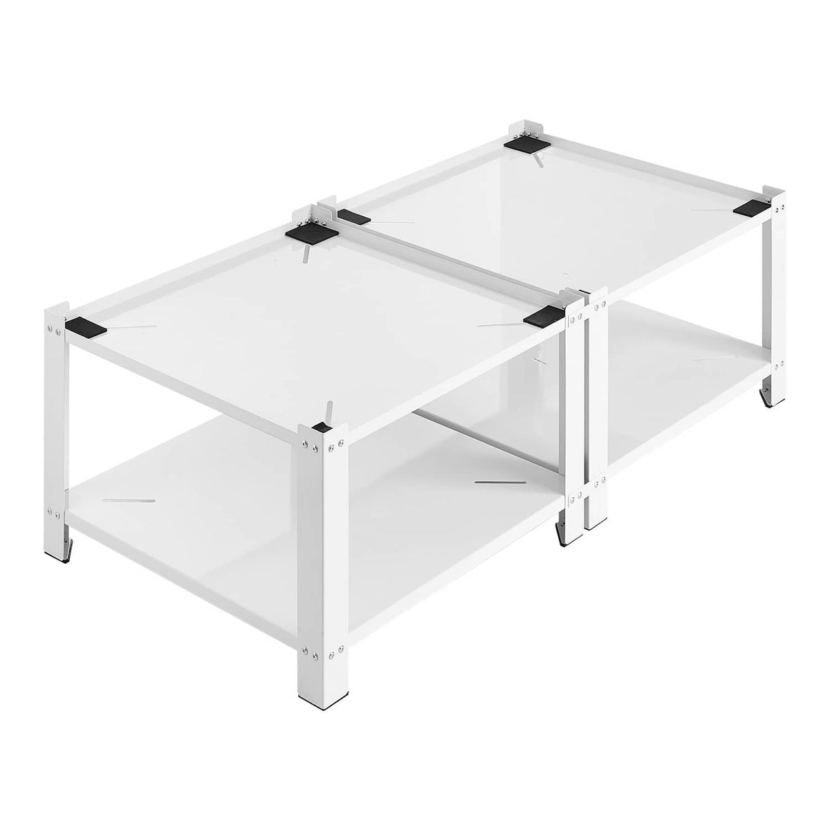 White double-shelf laundry pedestal with reinforced corner braces and supports