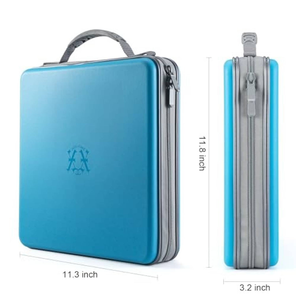 Sky blue CD case organizer with double zippers, open-side view and side profile.