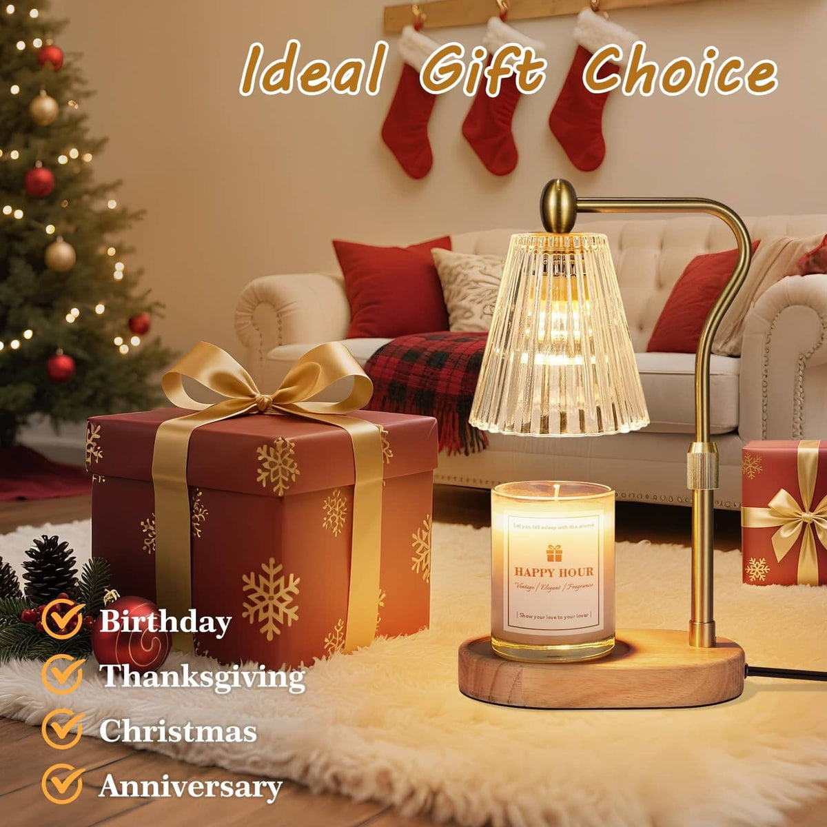 Candle warmer lamp with lit jar candle on wooden base in a holiday gift setting