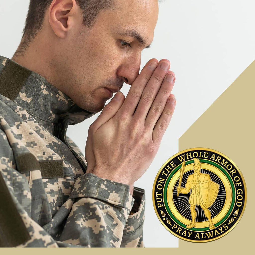 Gold-tone prayer coin with helmet emblem beside a man praying with hands together