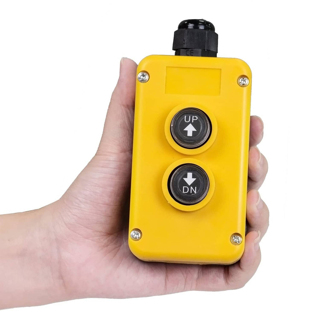 Yellow handheld remote control switch with two round UP and DN buttons