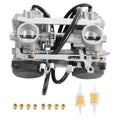 Carburetor assembly with twin round throttle housings, silver body, and black hoses