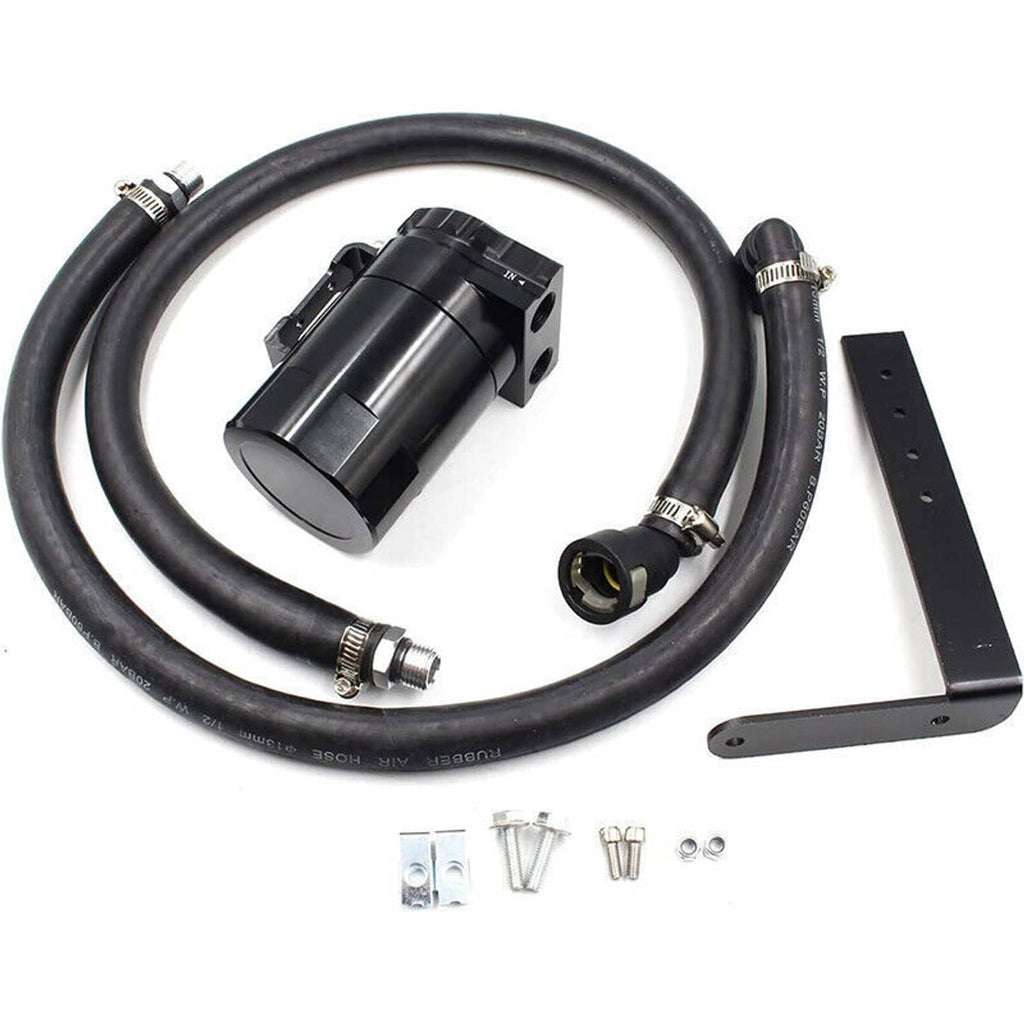 Black oil catch can kit with cylindrical tank, hoses, frame bracket, and included hardware