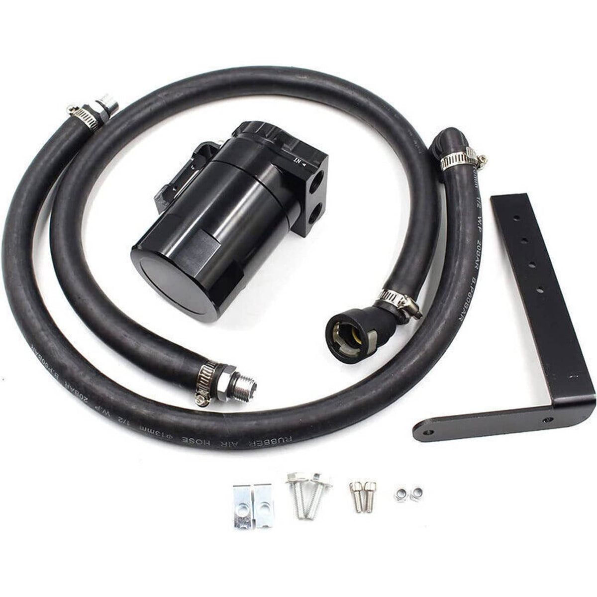 Black oil catch can kit with cylindrical tank, hoses, frame bracket, and included hardware