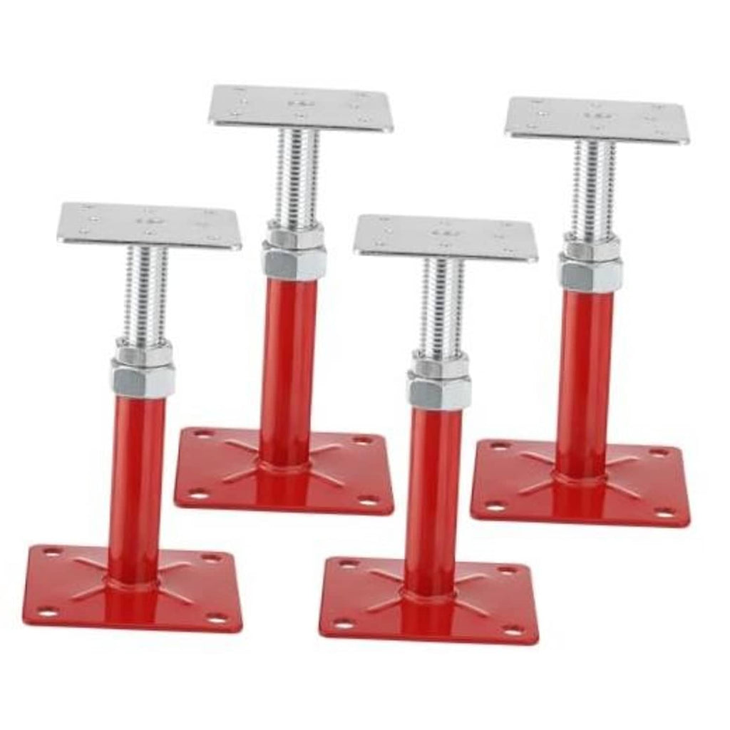 Adjustable screw jack set with red steel posts, round bases, and square top plates