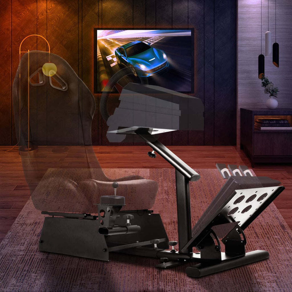 Racing simulator steering wheel stand with gray seat, wheel plate, and shifter mount