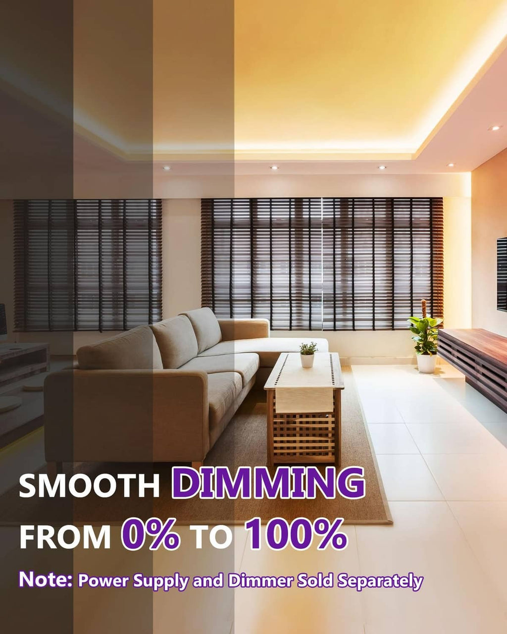 Dimmable COB LED strip lights creating smooth warm-white ceiling glow