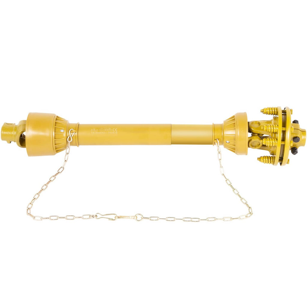 Yellow PTO drive shaft with slip clutch and safety chain, spline ends on both sides