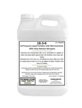 White plastic liquid fertilizer jug with handle and front label, 2.5 gallons