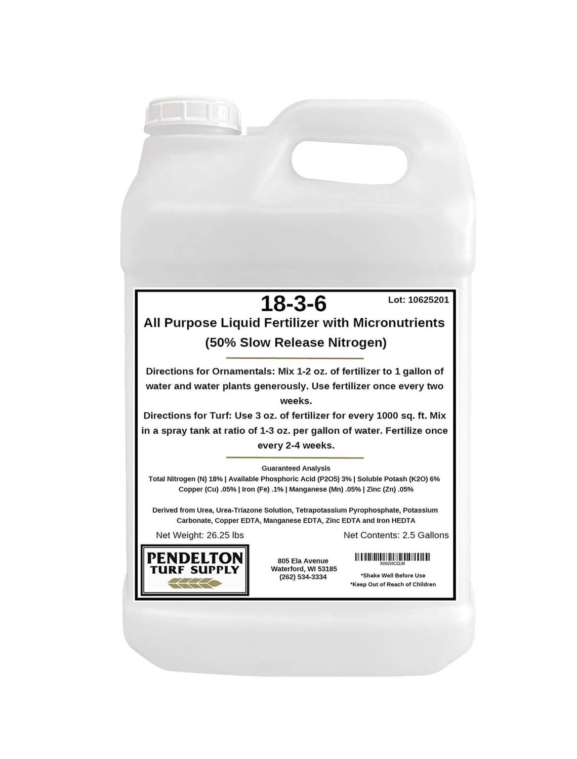 White plastic liquid fertilizer jug with handle and front label, 2.5 gallons