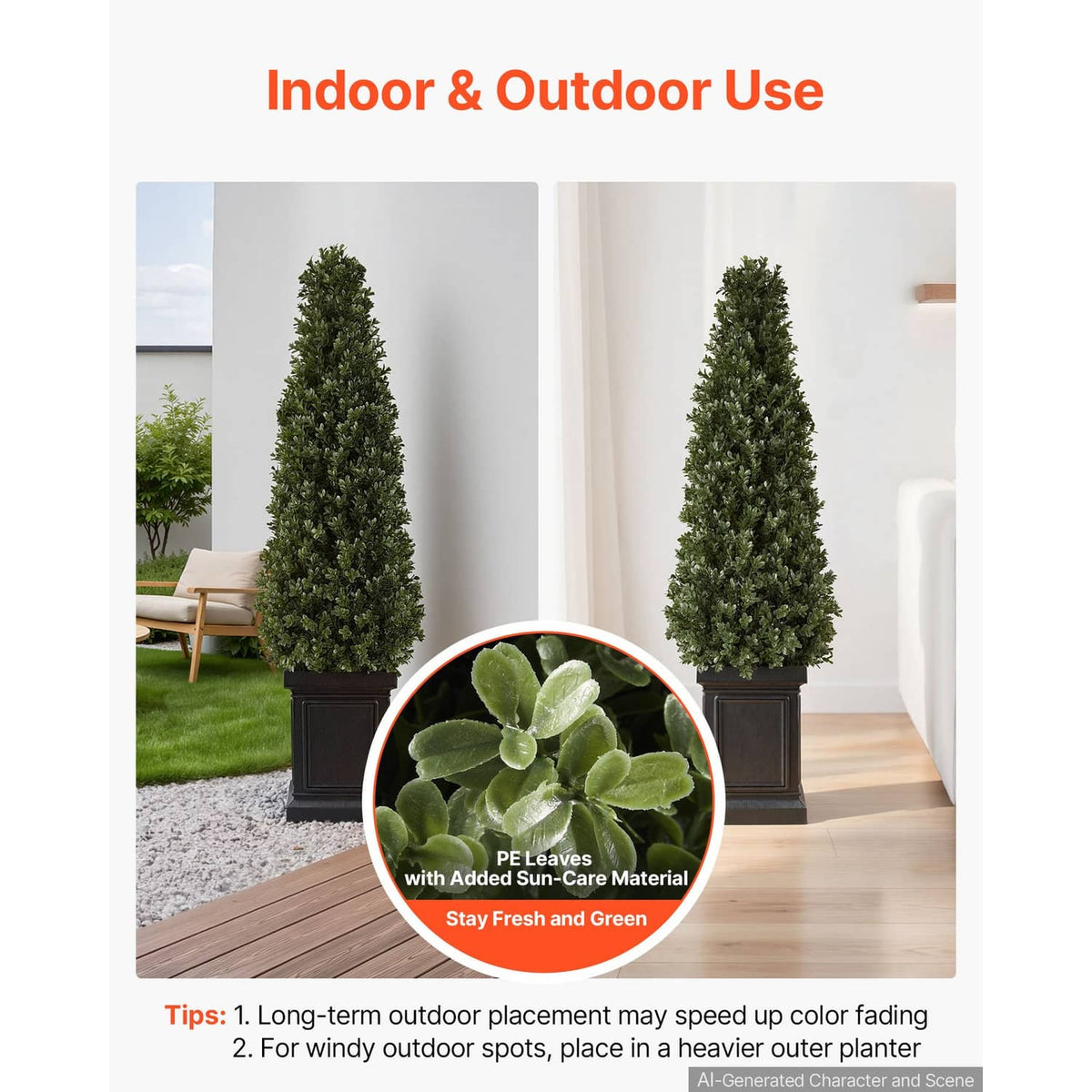 Artificial boxwood topiary pair with leaf detail, dark green cones in black square pots