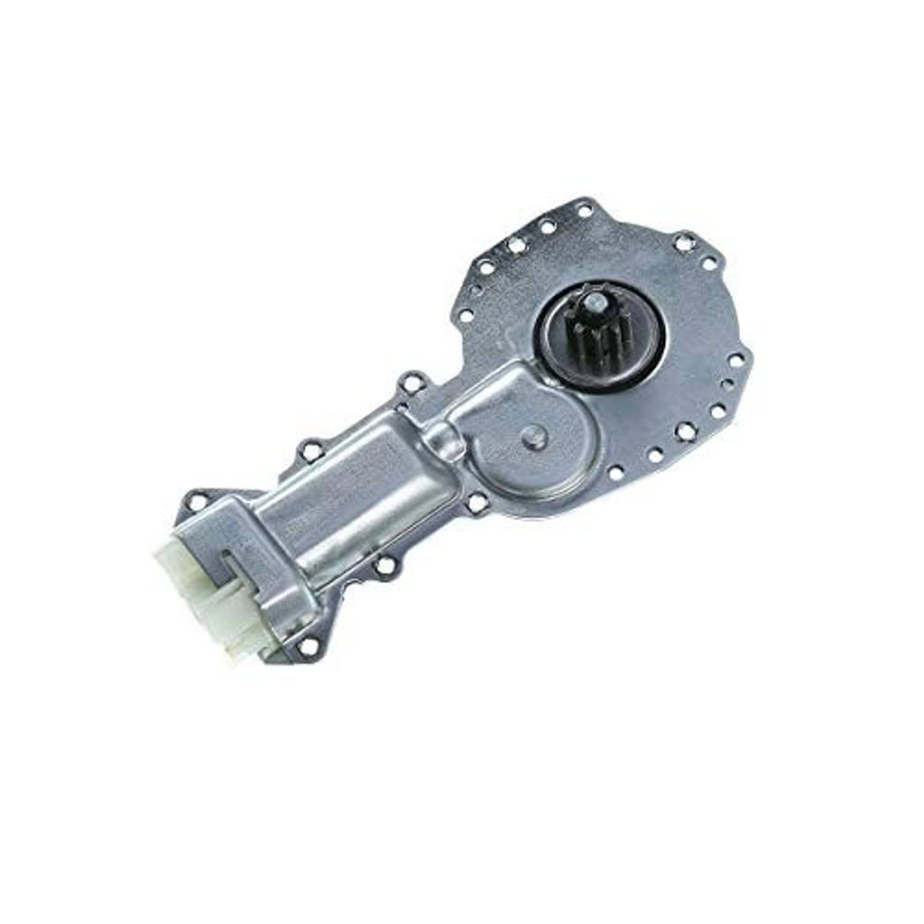 Front power window motor with gray metal housing, mounting holes, and connector block