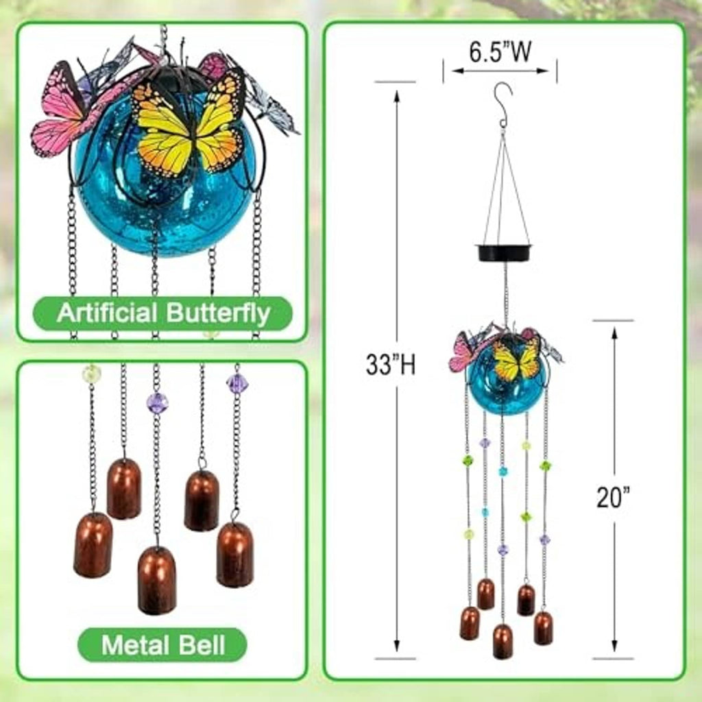 Butterfly wind chime solar light with blue orb, multicolor bead chains, and copper bell drops