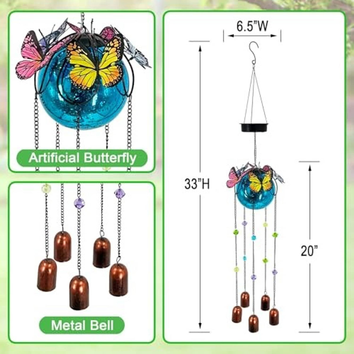 Butterfly wind chime solar light with blue orb, multicolor bead chains, and copper bell drops