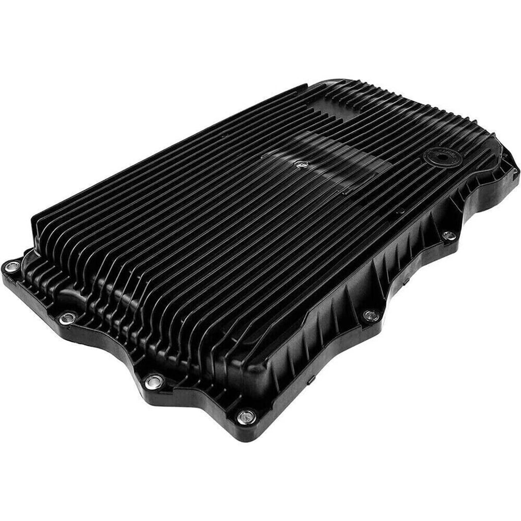 Automatic transmission oil pan cover, dark ribbed housing with mounting bolt points
