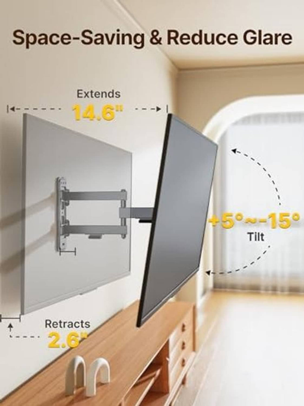 Full motion TV wall mount bracket with tilting range that extends and retracts