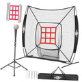 Baseball practice net with red strike-zone target and batting tee stand