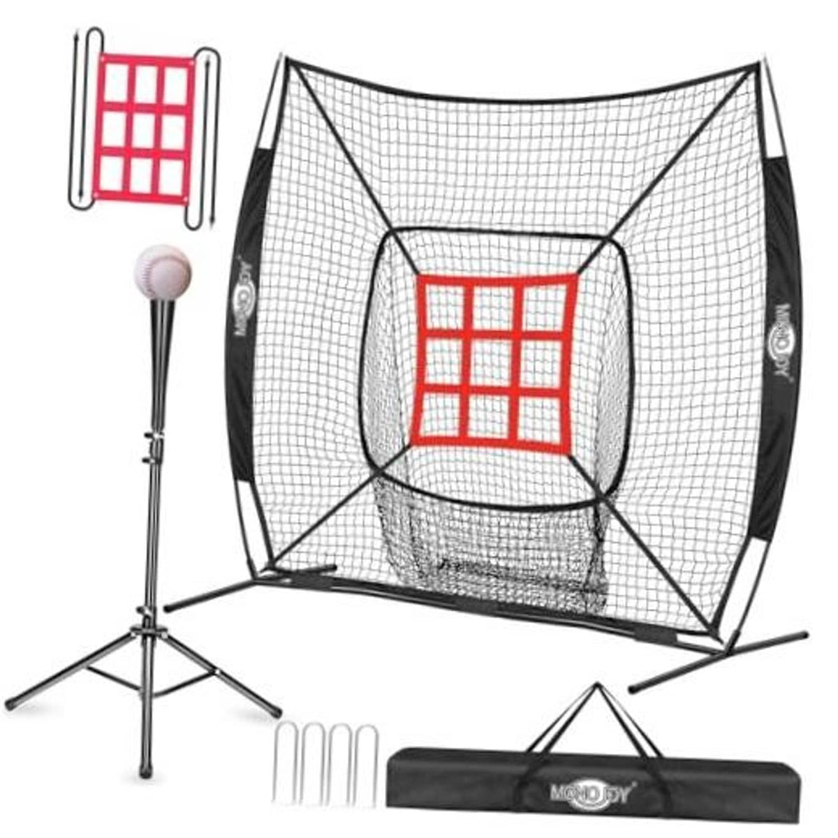 Baseball practice net with red strike-zone target and batting tee stand