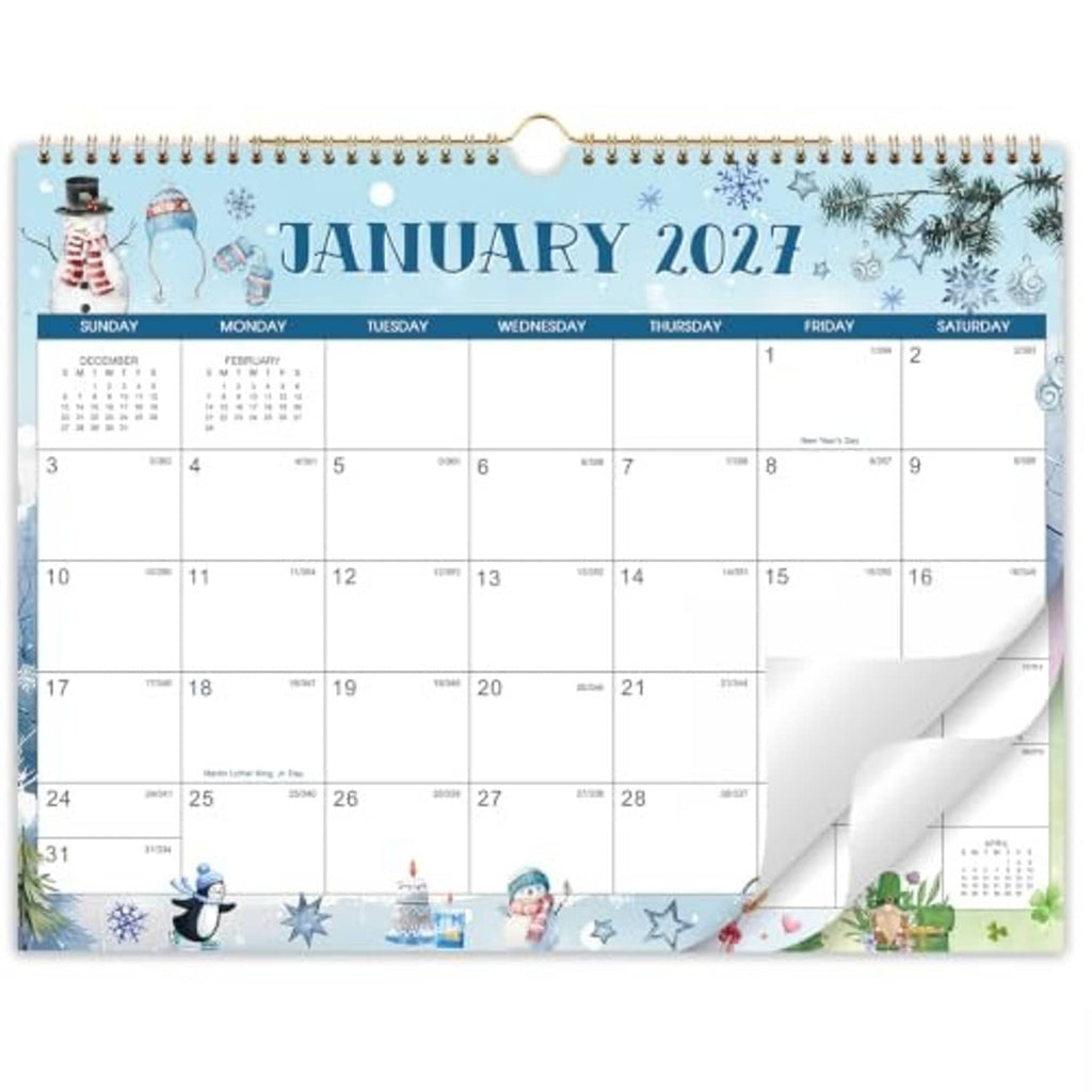 Blue January 2027 wall calendar with spiral rings, hanging loop, and full monthly date grid