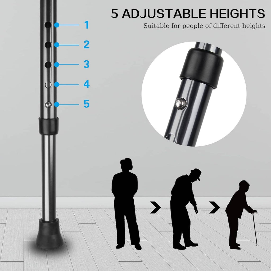 Black folding cane with seat and multiple height positions on the shaft