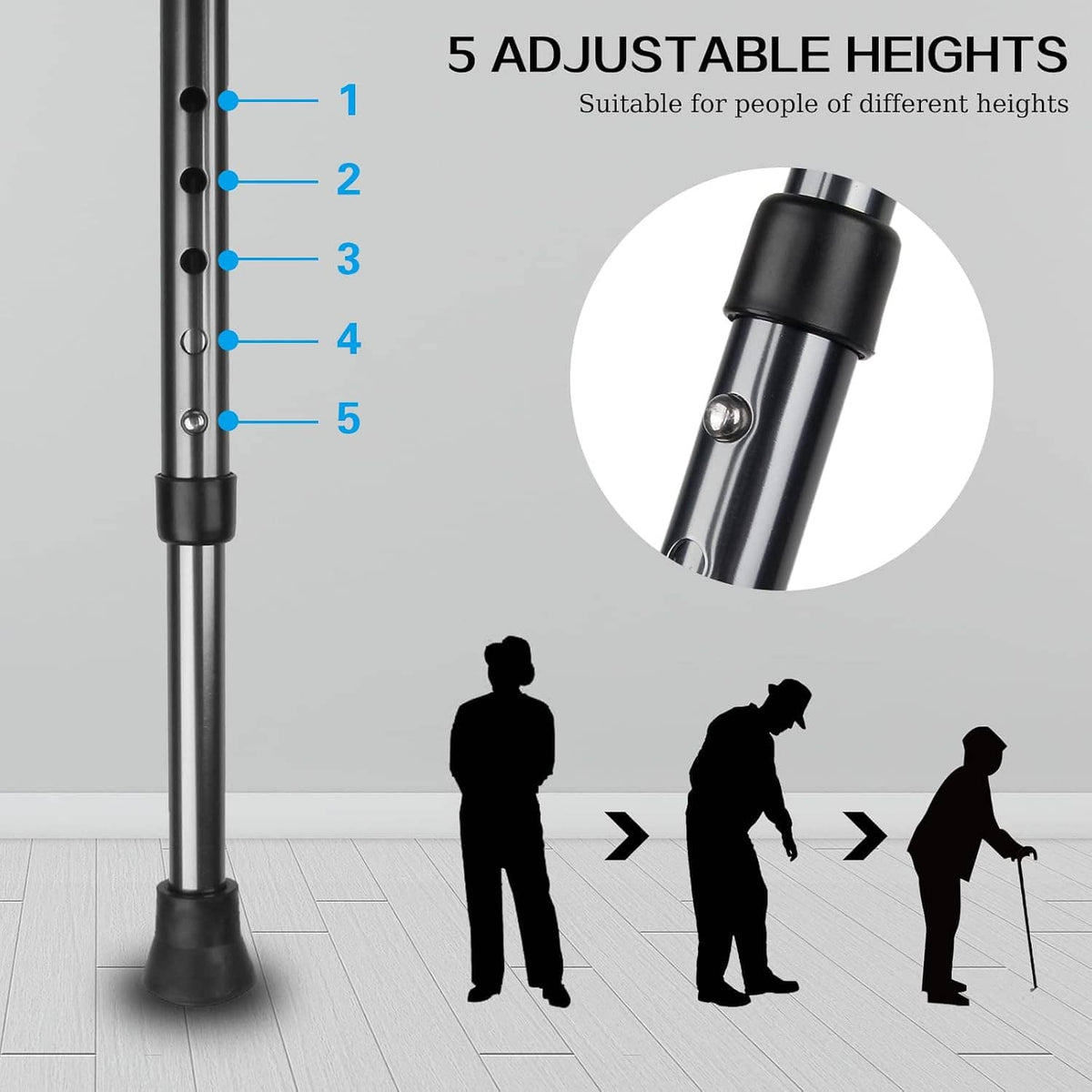 Black folding cane with seat and multiple height positions on the shaft