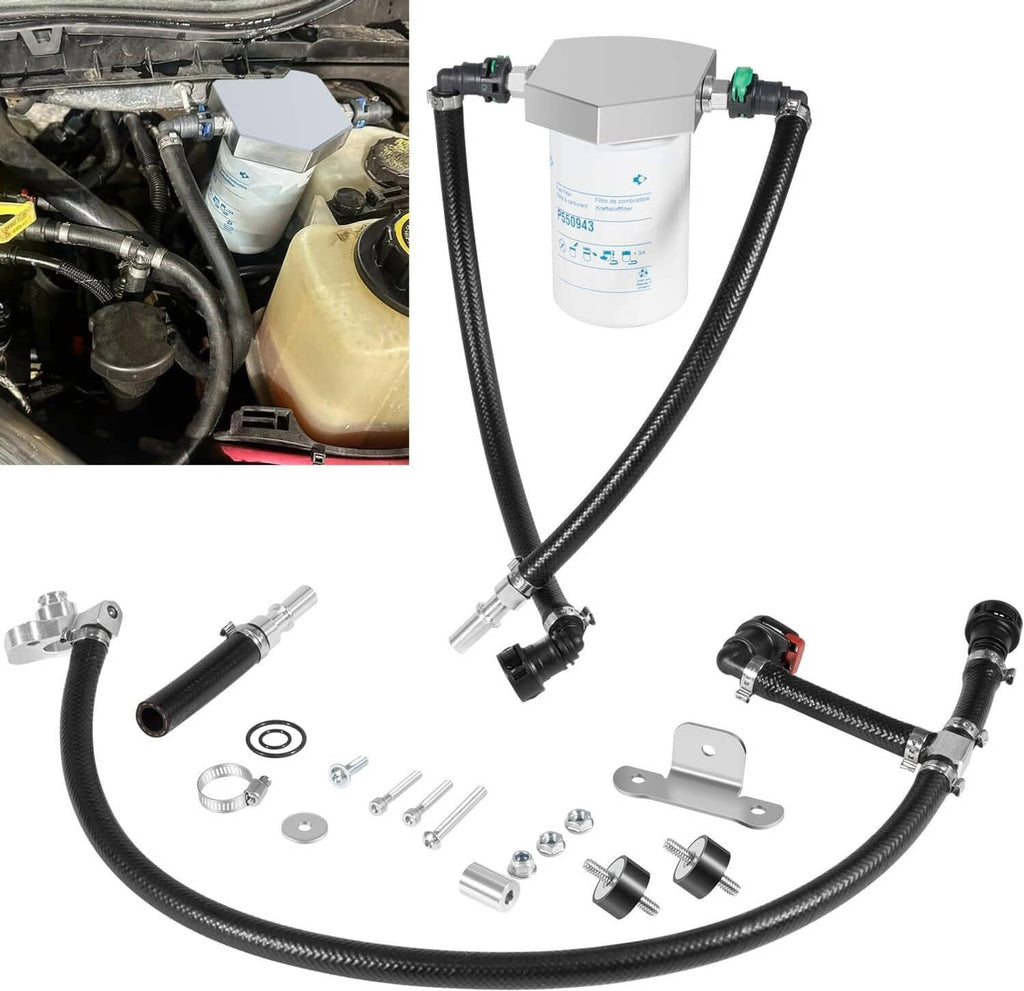Bypass kit with filter canister, black hoses, and assorted clamps, fittings, and brackets
