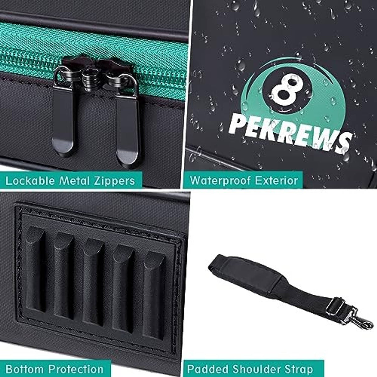 Padded billiard ball case detail: metal zippers, waterproof shell, padded shoulder strap