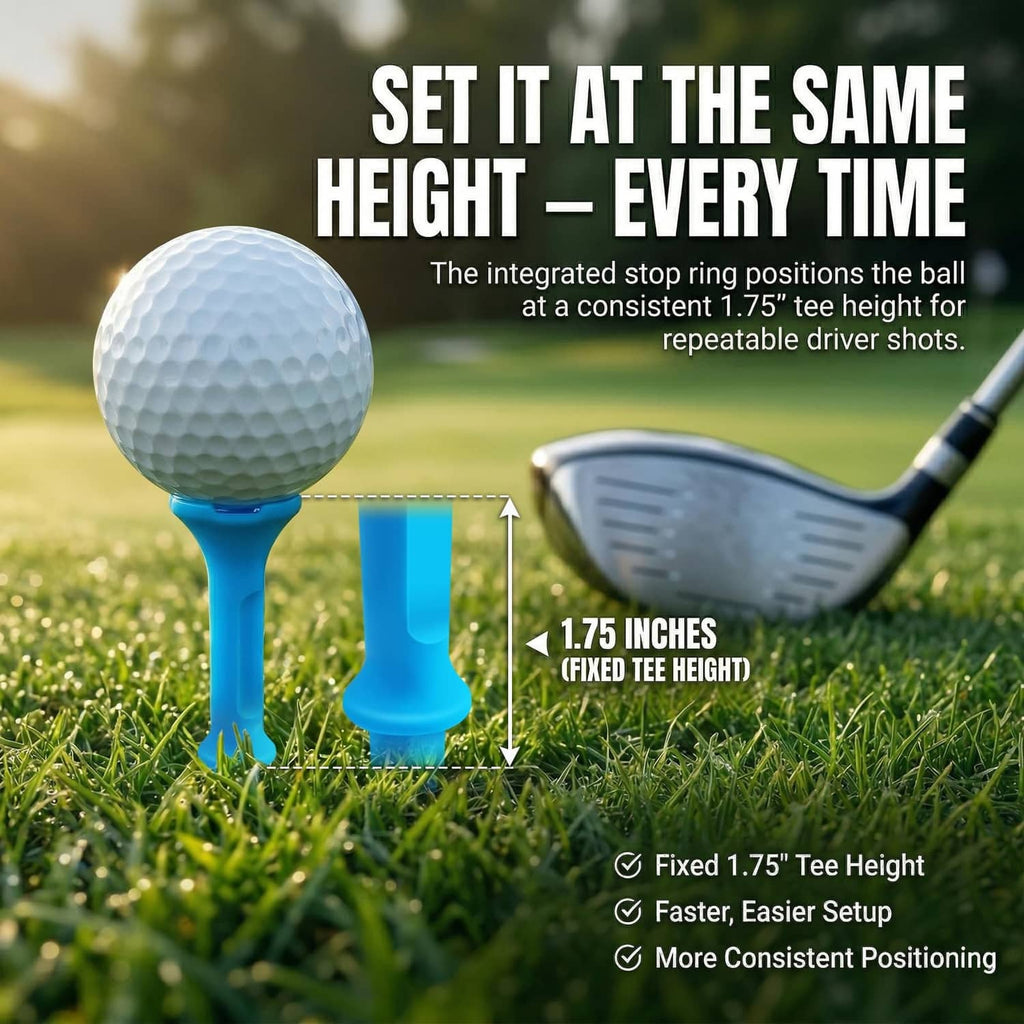 Blue stepped golf tee with fixed 1.75 in height and integrated stop ring for repeat shots