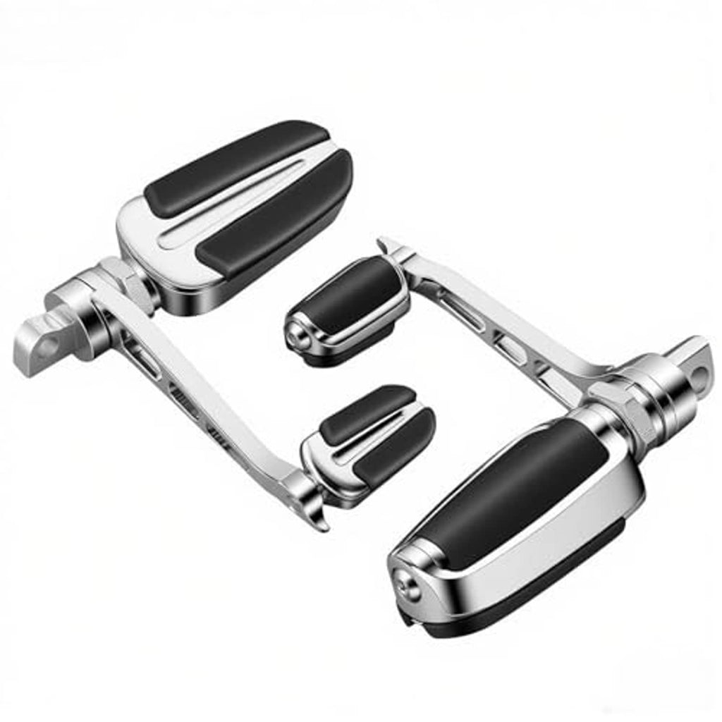 Pair of motorcycle highway foot pegs with black rubber pads and silver chrome finish