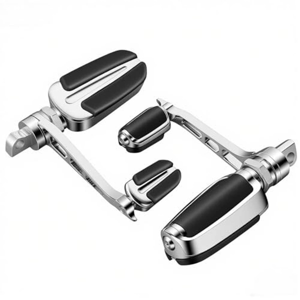 Pair of motorcycle highway foot pegs with black rubber pads and silver chrome finish