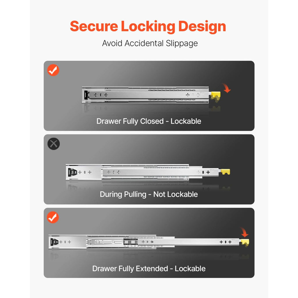 Drawer slide with secure locking design, showing closed and fully extended positions