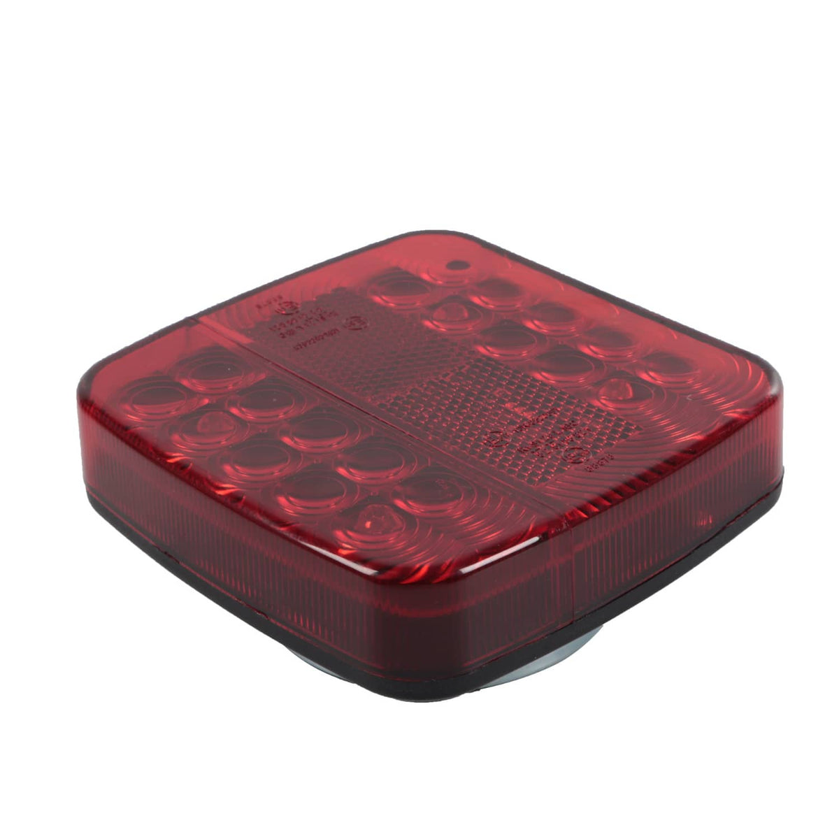 Square red LED trailer light with embossed circular pattern and black edges