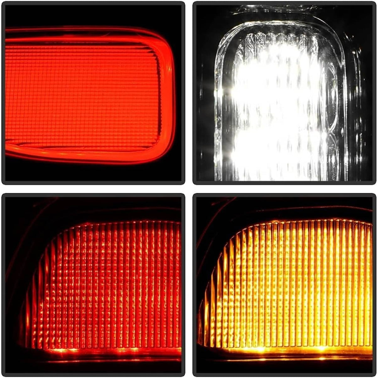 LED tail light lens details showing red, white, and amber illuminated segments.