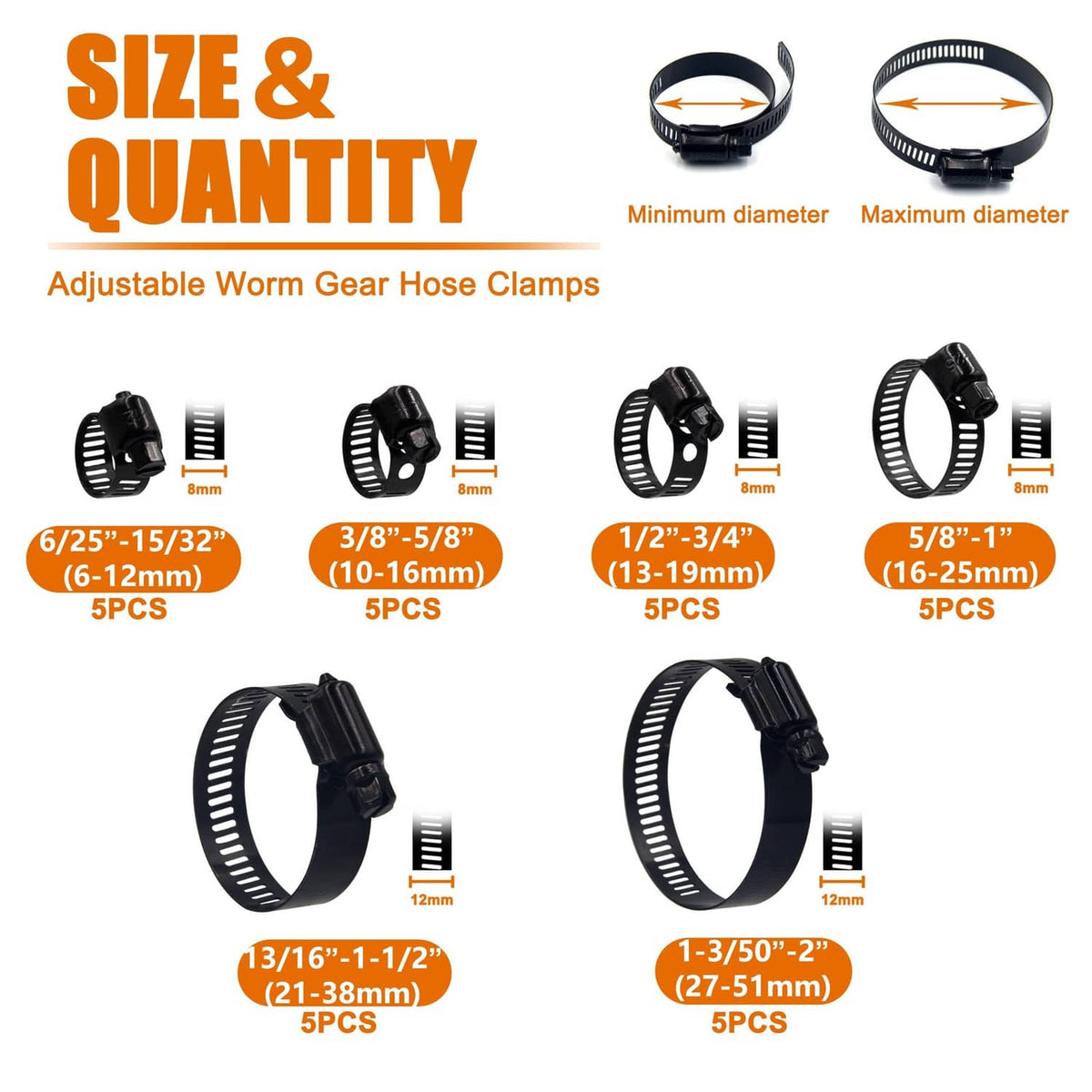 Adjustable black worm gear hose clamps in multiple sizes, several clamp bands shown