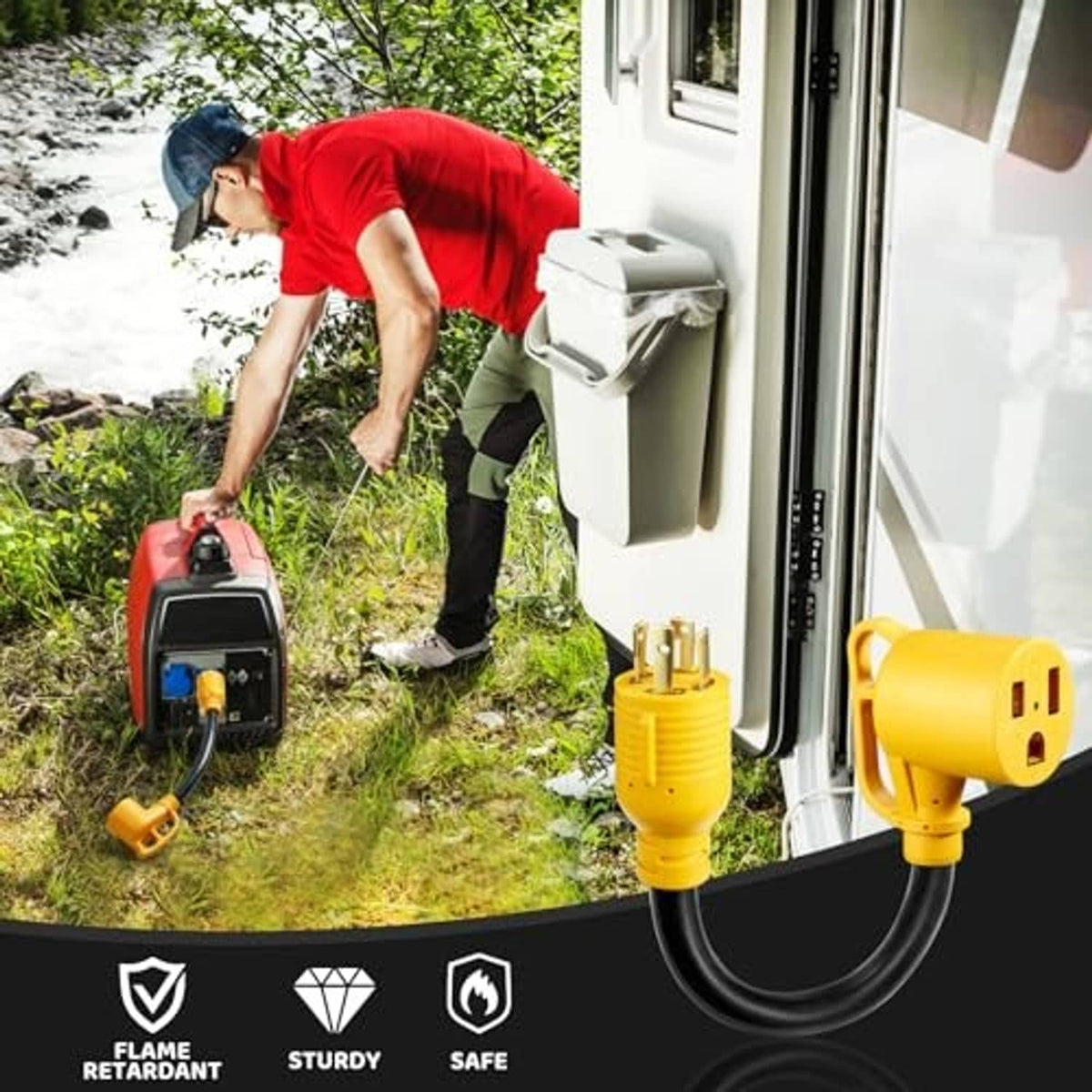 Yellow 4-prong adapter plug connected to RV power outlet with black cord