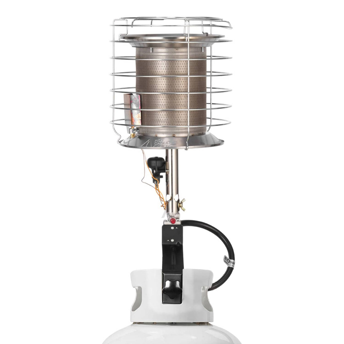 Propane tank top radiant heater with metal burner cage and hose connection
