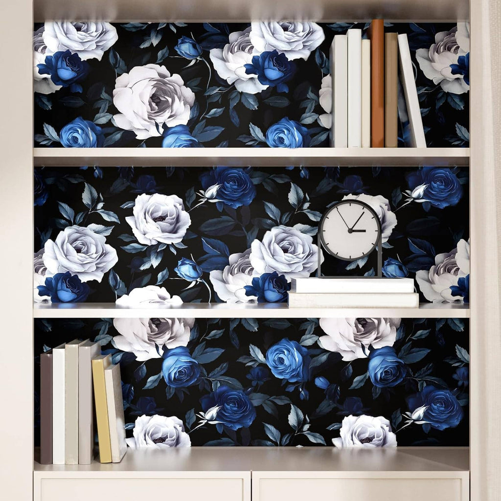 Shelf-style peel-and-stick wallpaper with blue and white roses and dark leaves
