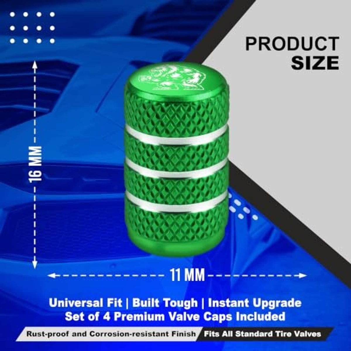 Single green Yeti tire valve stem cap with diamond texture and silver band stripes.