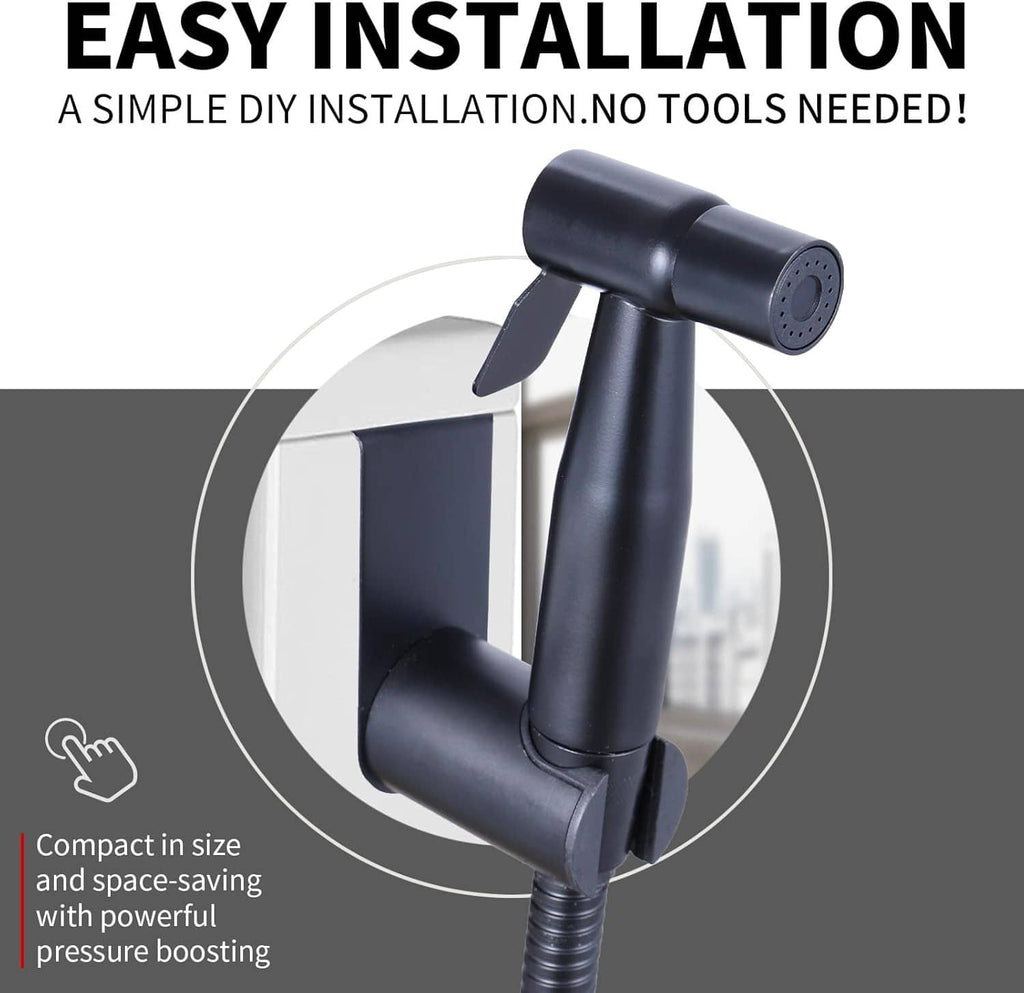 Black bidet sprayer mounted on toilet tank with handheld jet nozzle and wall bracket