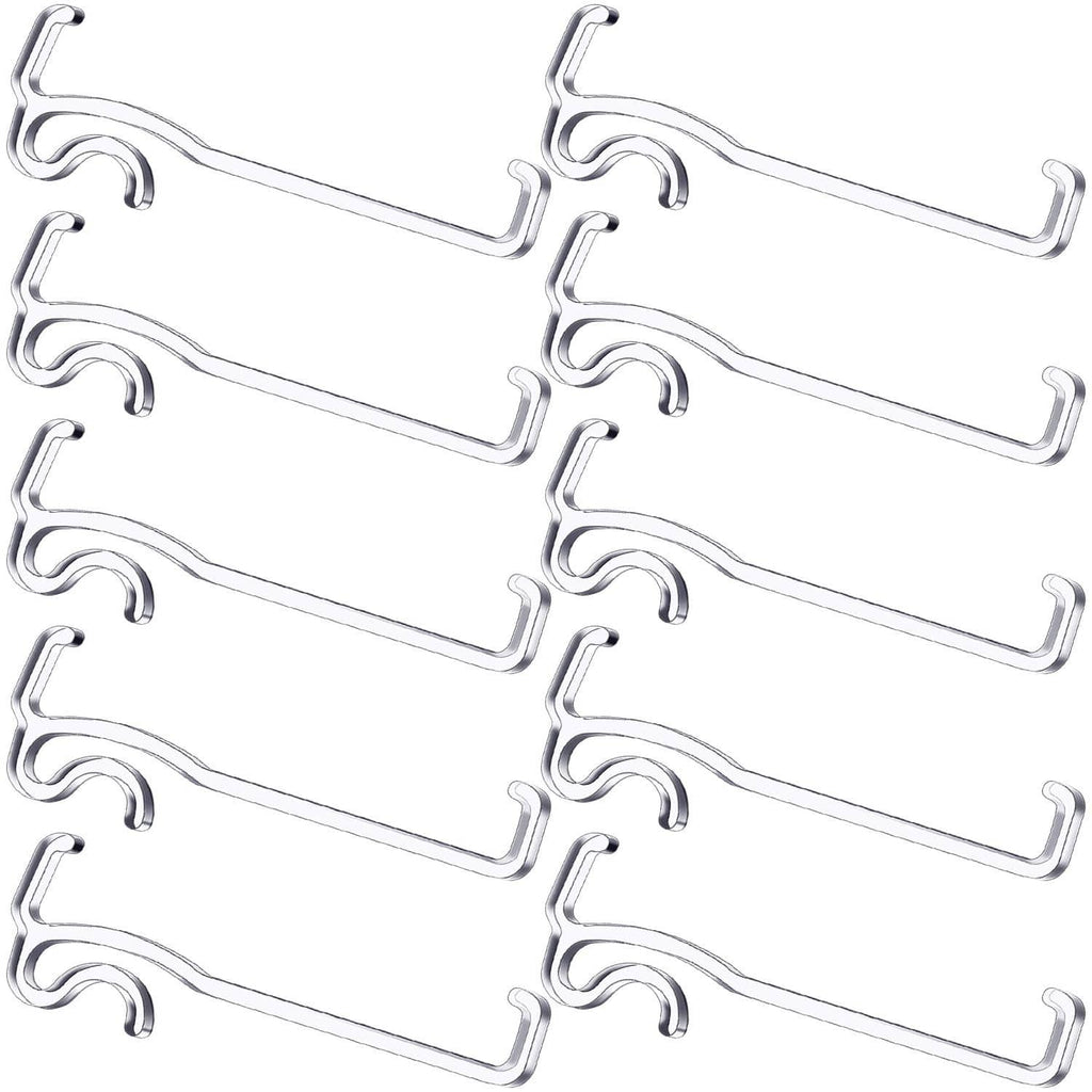 Row of silver metal valance retainer clips with curved U hooks