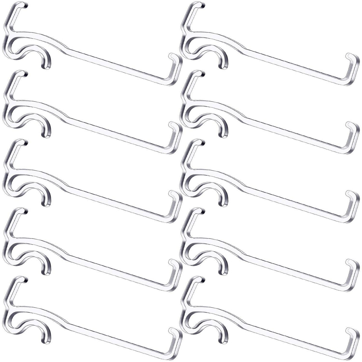 Row of silver metal valance retainer clips with curved U hooks