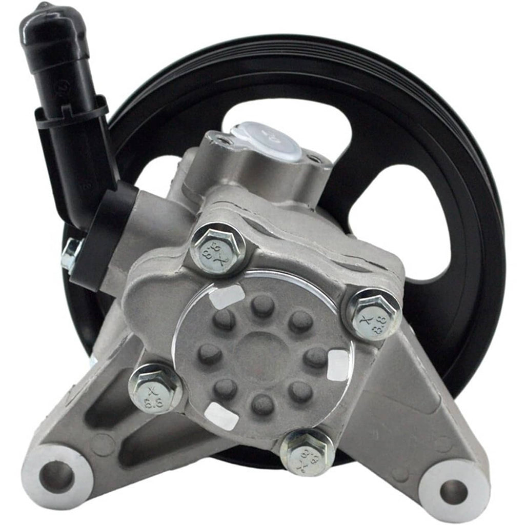 Power steering pump with black pulley, silver bracket, and sensor-style caps on the top plate.