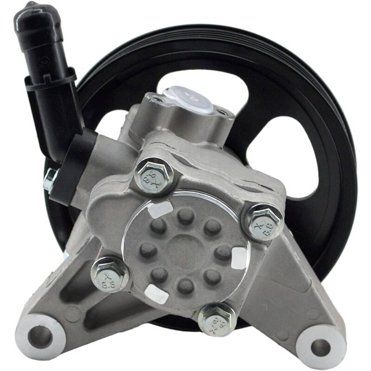 Power steering pump with black pulley, silver bracket, and sensor-style caps on the top plate.
