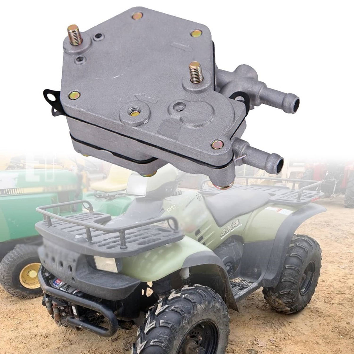Gray fuel pump assembly with two outlet ports and top mounting studs with bolt holes